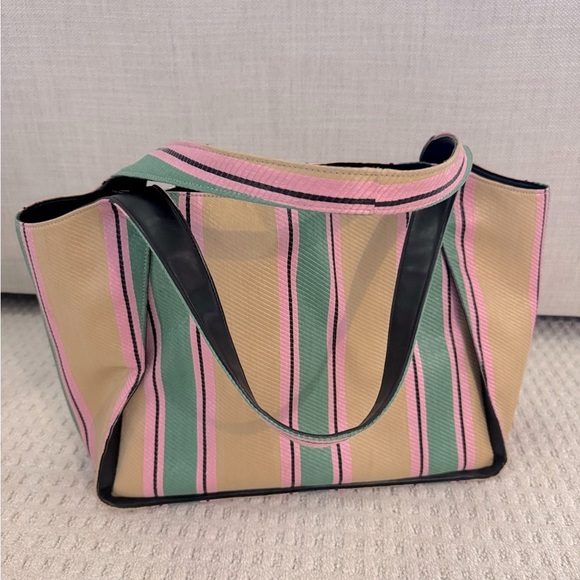 Stella McCartney Large Logo Striped Tote Bag Womens TanGreen Pink Black interior - Picture 3 of 15